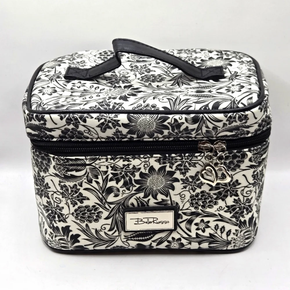 Bella Russo Makeup Bag Black & White Floral Design Zipper Closure Top Handle